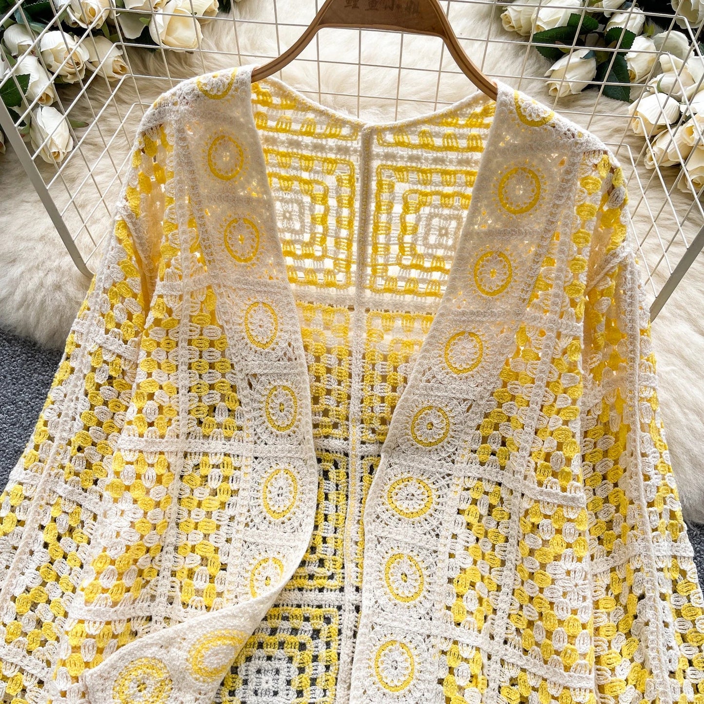 SINGREINY Vintage Boho Loose Plaid Cardigans Female Long Sleeves Hook Flower Hollow Tops 2025 Vacation Sunscreen Casual Shirt Badiee Stylez