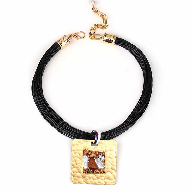 Statement Vintage Necklace with Square Pendant for Women Girl Trendy Wedding Party Jewelry Black
