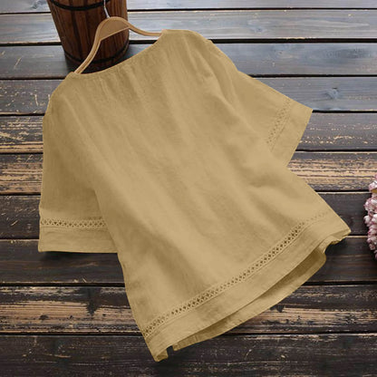 Fashion O-neck Short Sleeve White Lace Tops And Blouses Women 2024 Summer Loose Casual Cotton Linen Top Femme Blouse Shirt Woman