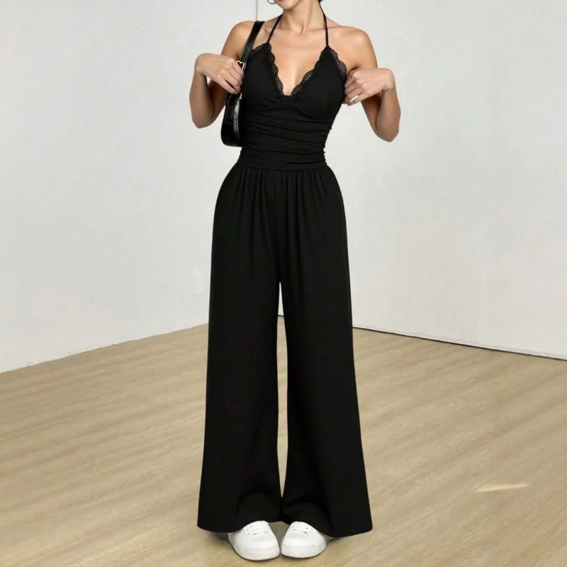 Women Summer Elegant Black High-Waist Knitted Suspender Jumpsuit Backless Women's Loose Wide-Leg Pants European Style Jumpsuit Badiee Stylez