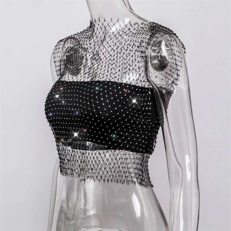 Sexy Diamonds Mesh Cropped Tank Top Women Summer Cover Up Bikini See Through Rhinestone Net Party Club Crop Top Dropshipping
