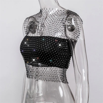 Sexy Diamonds Mesh Cropped Tank Top Women Summer Cover Up Bikini See Through Rhinestone Net Party Club Crop Top Dropshipping