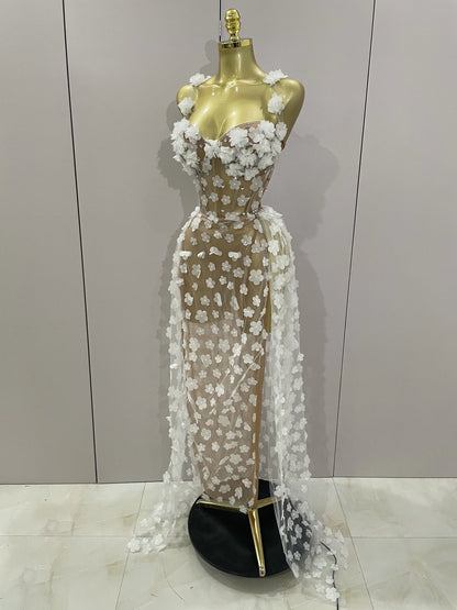 Sexy Mesh See Through Flowers Backless Long Dress 2025 Women Elegant Party Wedding Celebrate Evening Gown Prom Hotwife Outfit