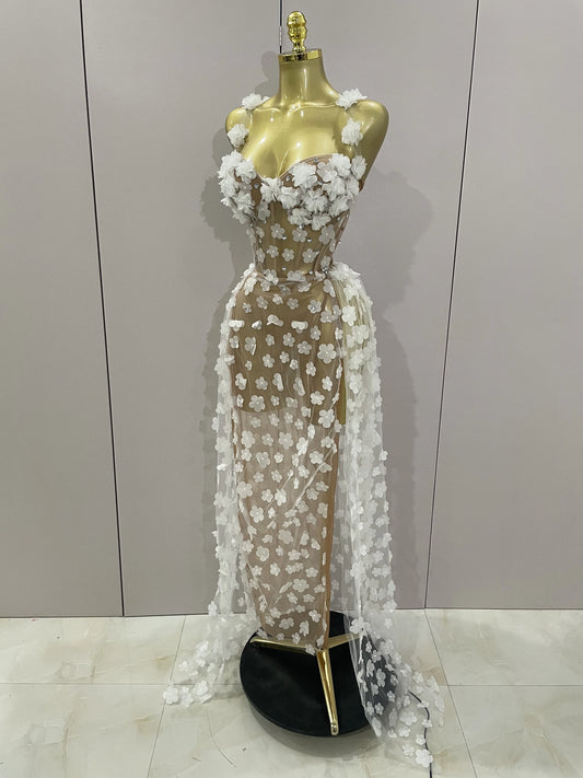 Sexy Mesh See Through Flowers Backless Long Dress 2025 Women Elegant Party Wedding Celebrate Evening Gown Prom Hotwife Outfit