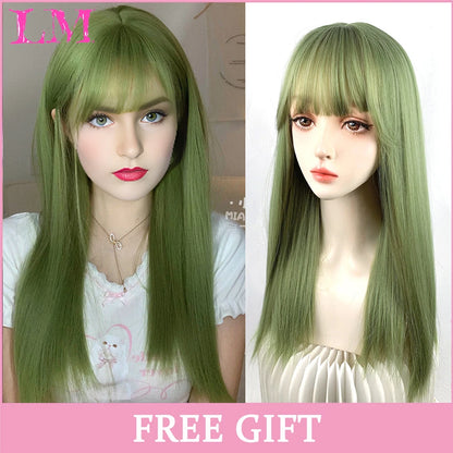 LM Long Silky Straight Synthetic Wigs with Bangs Black Cosplay Party Lolita Hair Wigs for Women Natural Heat Resistant Wig #18