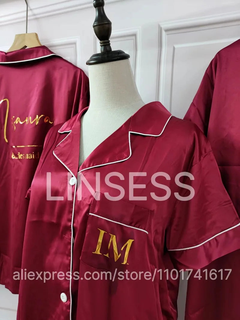Monogram Bridesmaids Bridal Party Pyjamas Personalized Silky Satin Pajamas Bride and Bridal Squad Silk Satin Wedding Pyjama Set