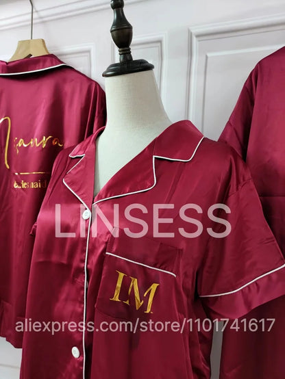 Monogram Bridesmaids Bridal Party Pyjamas Personalized Silky Satin Pajamas Bride and Bridal Squad Silk Satin Wedding Pyjama Set
