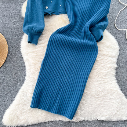 SINGREINY Beading Casual Two Piece Set Women Long Sleeve O Neck Pullover Midi Dress Fashion 2023 Winter Sweater Suit Dresses Badiee Stylez