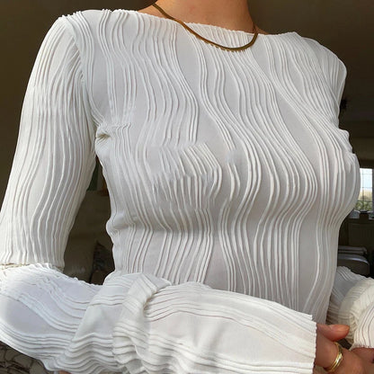 Woman Fashion Casual Ruched Long Sleeve T-shirt Blouses Female White Skinny Cropped Bottoming Shirt 2024 Autumn Y2K Top Clothes