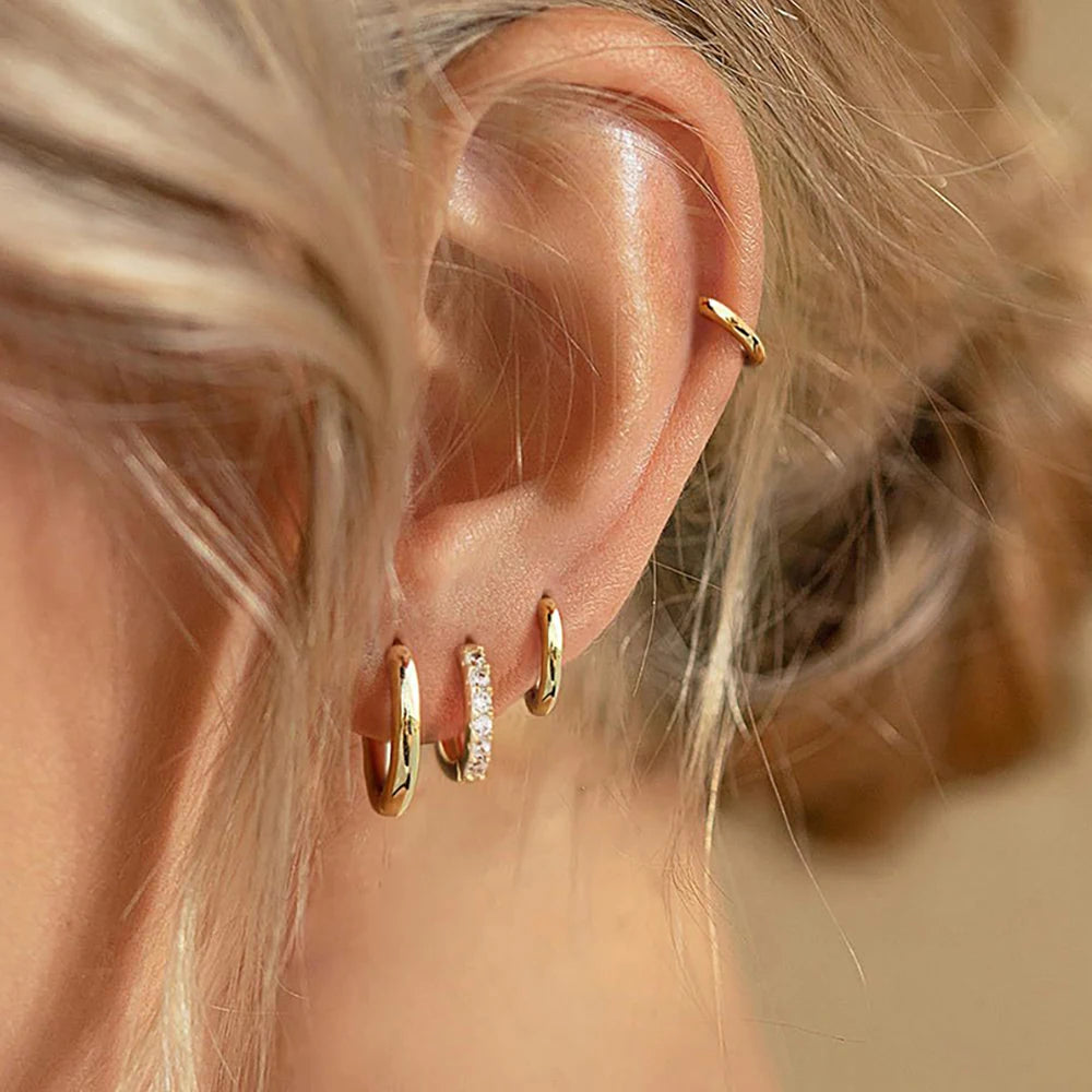 4PCS Set Stainless Steel Huggie Minimal Hoop Earrings 6/8/10mm Crystal Zirconia Helix Tragus Cartilage Earrings Piercing Jewelry Badiee Stylez