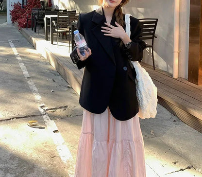 Pink midi skirt for women in spring and autumn summer 2025new high waist slimming A-line long skirt, small and fluffy cake skirt