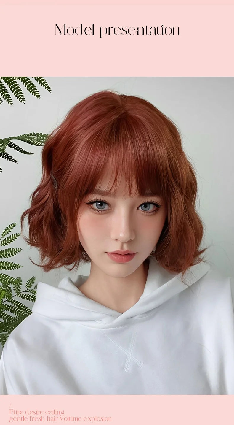 Allbell Magique Short Wavy Wig Bob Curly Wig With Bangs Dirty Orange Lolita Wigs Natural Synthetic Wig For Woman Heat Resistant