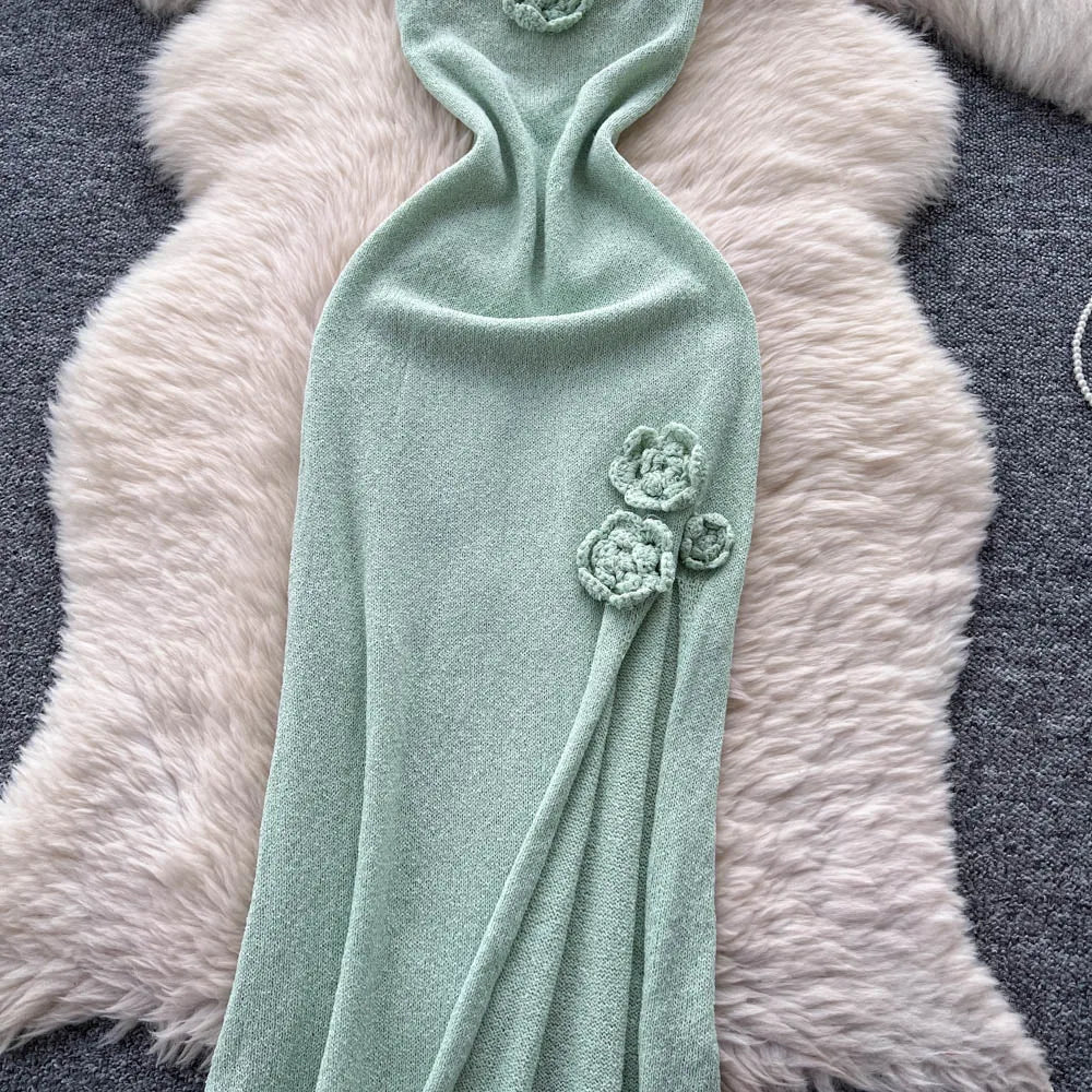 SINGREINY Halter 3D Floral Maxi Sundress Women Sleeveless Bodycon Elastic Beach Dress Vacation Knitted Split Sexy Long Dress