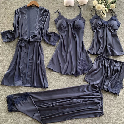 Pajamas Five Piece Set Sexy Lace Trim Nightgown Nightwear Spring Summer Women Bath Robe Loose Silk Satin Home Wear Pijamas Suit Navy Blue 5PCS B