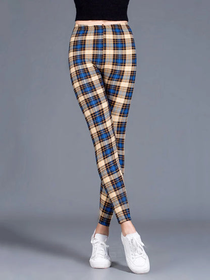 CUHAKCI Female Fitness Leggings Women Print Plaid Leggings Lady Sexy Slim Pencil Pants Push Up Elastic Waist Trousers Khaki Blue Grid