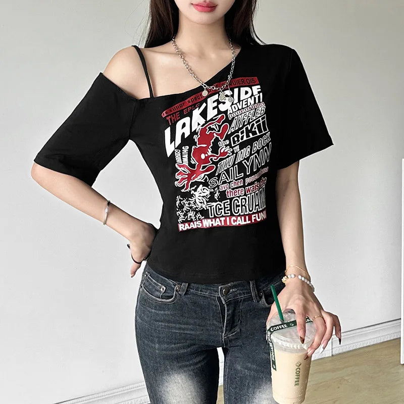 Gothic Tee Y2k Letter Print Off Shoulder Punk T-shirts Women Harajuku Summer Streetwear Grunge T Shirt Aesthetic Sexy Crop Tops
