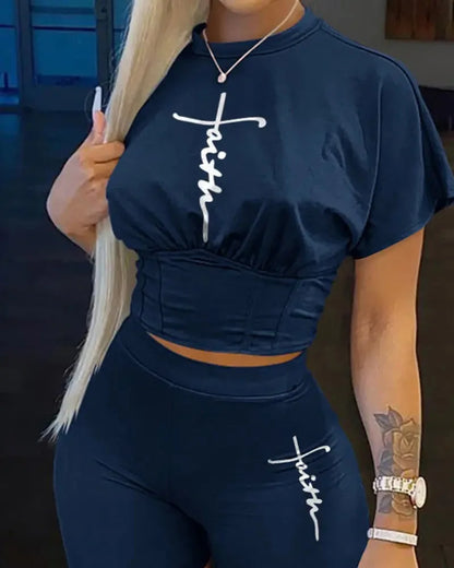 Casual O-neck Short Sleeve T-shirt Shorts Set Office Lady Summer Letter Print Tops Solid Shorts Two Piece Set Women Outfit 2024 Navy Blue