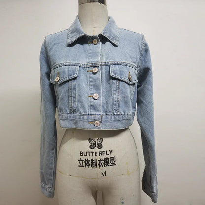Women's Spring Denim Top with Stylish Lapel and Long Sleeves in Solid Color Individuality High-waisted, Cropped Denim Jacket