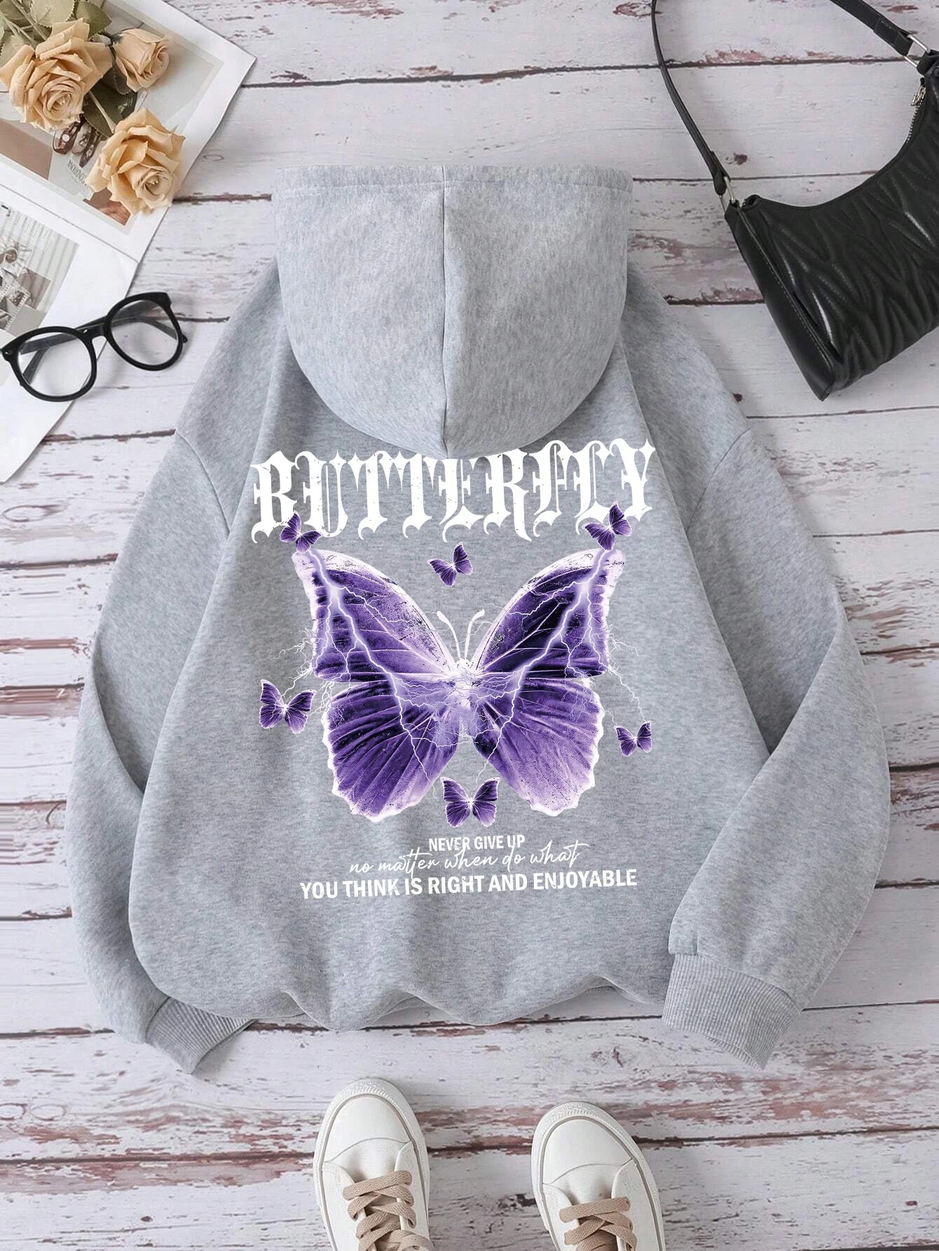 Beautiful Purple Butterfly Printing Hoodies Women Fleece Pocket Hoody Simple Casual Hoodie Autumn Loose Female Streetwear