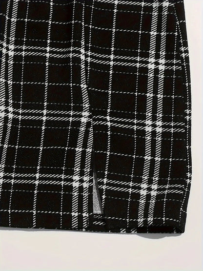 Casual Colorblock Two-piece Skirt Set Ribbed Crew Neck Long Sleeve Top & Plaid Skirts Women's Clothing Badiee Stylez