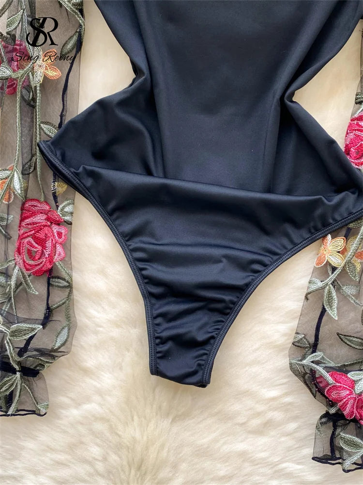 SINGREINY Vintage Embroidery Gauze Sexy Bodysuits Stand Collar Long Sleeve Playsuits Fashion Spliced Women Open crotch Rompers