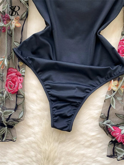 SINGREINY Vintage Embroidery Gauze Sexy Bodysuits Stand Collar Long Sleeve Playsuits Fashion Spliced Women Open crotch Rompers