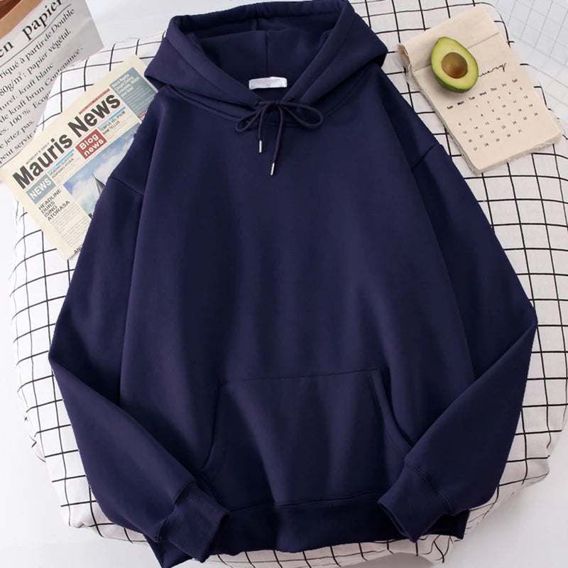 Autumn Casual Women's Solid Hoodie Comfortable Strecth Sweatshirts Loose Pocket Warm Clothes Fashion Street Female Pullovers Dark Blue