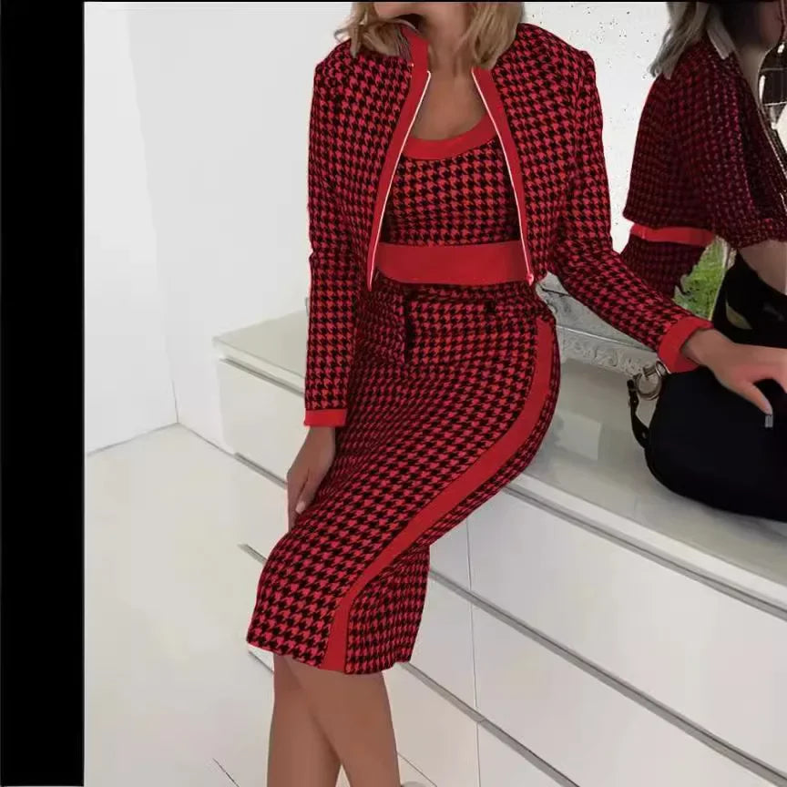 Fashionable Sweet Style Long Sleeve Print Jacket Vest And Skirt Three Piece Set Women's Slim Fit Spring Autumn Clothing Badiee Stylez