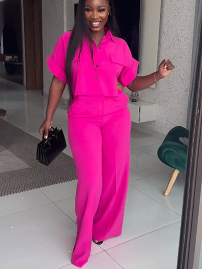 Women's Two-piece Set Spring Summer New Style Lapel Short-sleeved Shirt High Waist Wide Leg Trousers Casual Suit Women Clothing
