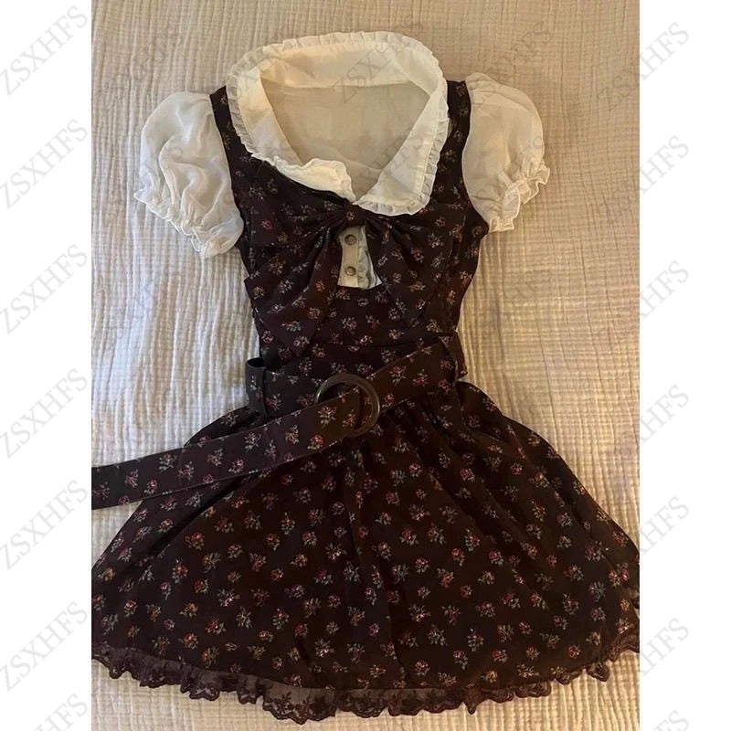 Sweet Gyaru Chic Dress y2k Summer Women's Clothing Floral Puff Sleeve Girdling Waist Lady Gowns Lace Up Ruffled Graceful Dresses Badiee Stylez