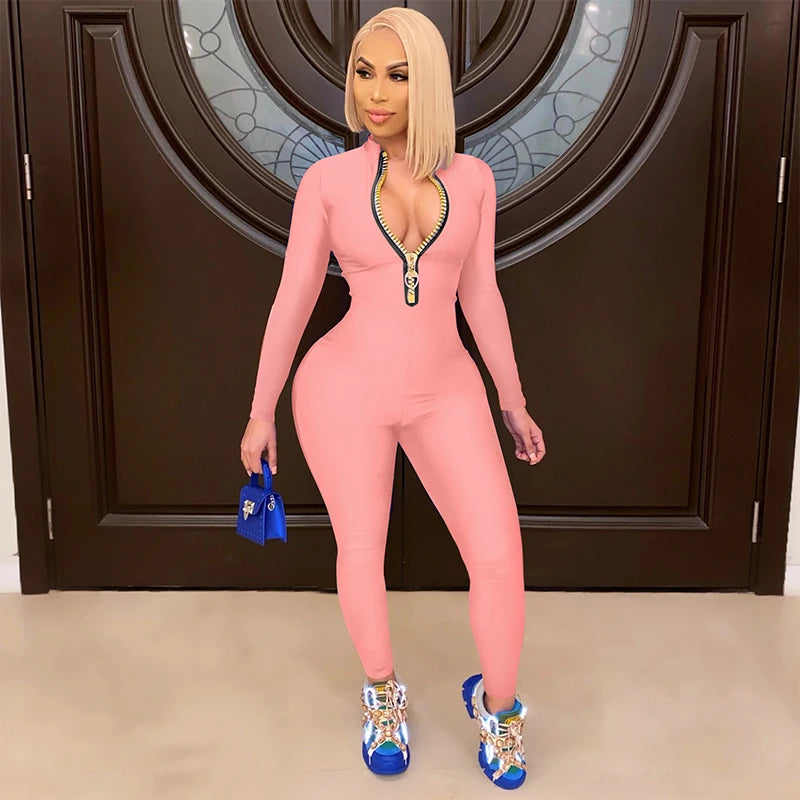 Women's Bodycon One-piece Jumpsuit Long Sleeved Big Zipper Female Casual Sport Workout Skinny Activity Wear Overalls Tops Badiee Stylez