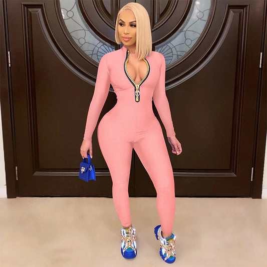 Women's Bodycon One-piece Jumpsuit Long Sleeved Big Zipper Female Casual Sport Workout Skinny Activity Wear Overalls Tops Badiee Stylez