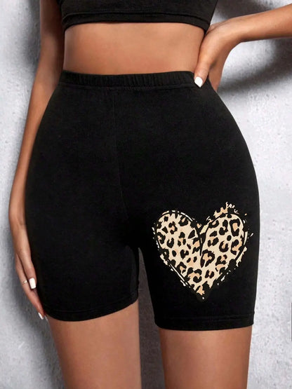 Summer Woman Tight Shorts Leopard Heart And Love Letter Graphic Print Fitness Short Pantssexy Soft Stretch Female Sport Swear Black