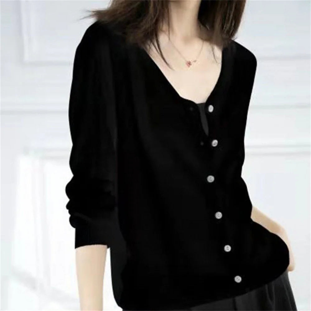 Spring Summer Comfortable Casual Blouses white knitted cardigan 2024 Women's Clothing Solid V-neck Elegant Fashion Button Loose