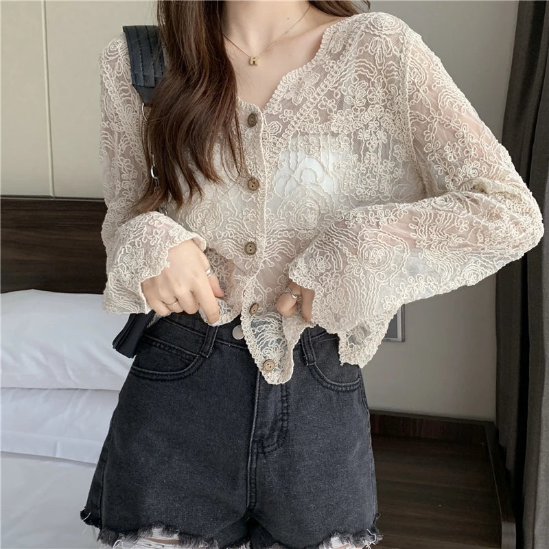 Vintage Summer Lace Blouses Women See Through Sheer Long Sleeve Sun Shirts Korean Style Casual Sun Protection Sexy Ladies Tops
