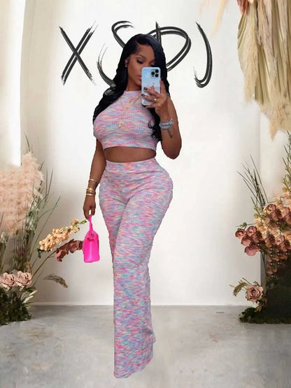 2 Piece Sets Womens Outfits Elegant Stretchy Knitted Summer Suit Sexy Sleeveless Top and Pant Suit Wholesale Dropshipping Pink