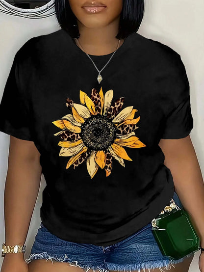 Plus Size Leopard Sunflower Graphic Tee Fashion Forward Plus Size Top With Unique Floral Leopard Print For Chic Summer Vibes black
