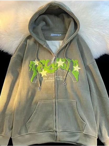 Plus Size XL-3XL Corduroy Embroidery Loose Hoodies Women Sprring Autumn Long Sleeve Zipper Hood Shirt Harajuku Y2K Sweatshirt