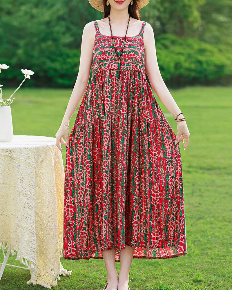 New Fashion Casual 2025 Summer Elegant Dresses For Women O-Neck Print Vintage Sleeveless Dress Loose Women Clothing color 11