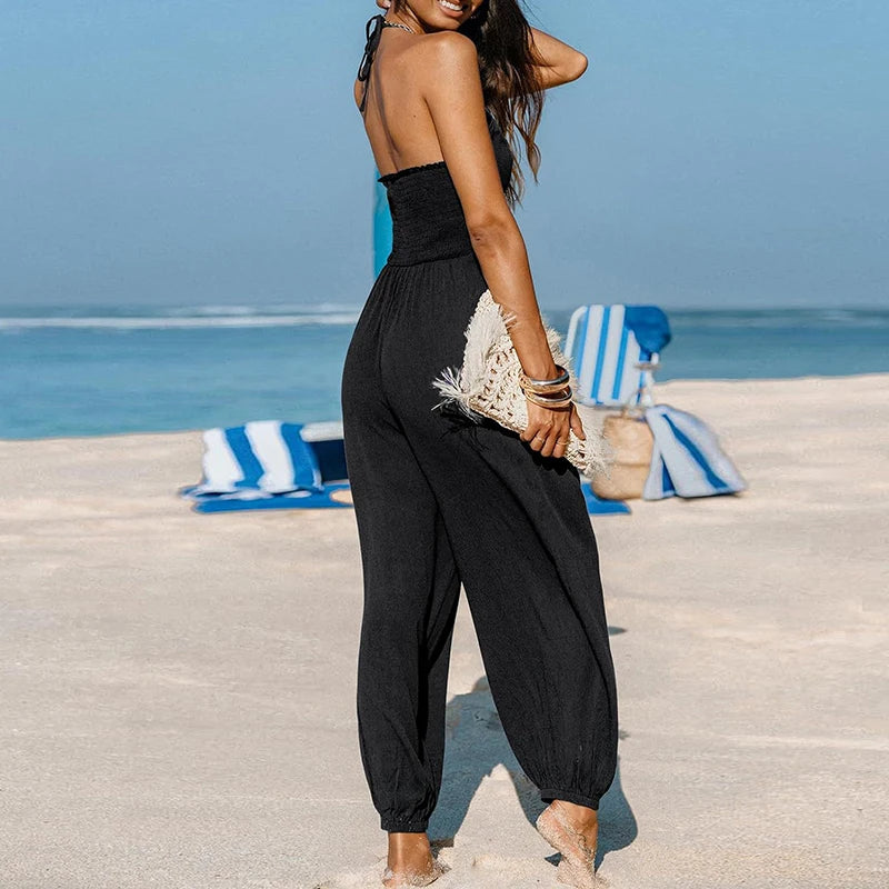 Sexy Deep V-neck Pleated Women Jumpsuit 2025 Spring Fashion Solid Pocket Romper Playsuit Summer Hollow Backless Lace-up Overalls