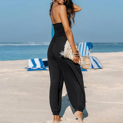 Sexy Deep V-neck Pleated Women Jumpsuit 2025 Spring Fashion Solid Pocket Romper Playsuit Summer Hollow Backless Lace-up Overalls