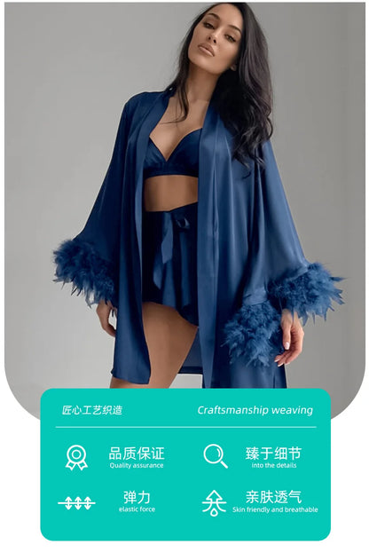 Shorts Nightgown Three-piece Set, Imitation Silk, Loungewear, Feather Pajamas