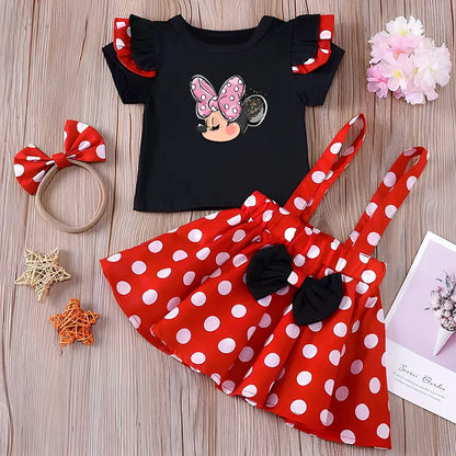 Minnie Mouse Girl Set Children Dress Baby Clothing Set Summer Birthday Costume Polka Dot Suspender Skirt Bow Headband skirt suit