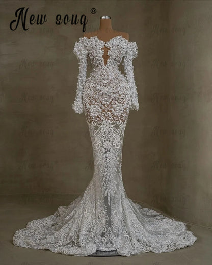 White Lace Off Shoulder Long Sleeve Evening Dress Mermaid Bridal Gown Dubai Elegant Wedding Party Dresses Pearls Customized Badiee Stylez
