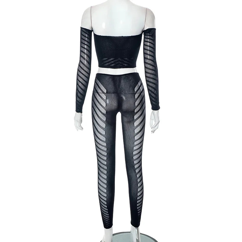 Simenual Baddie Fashion Mesh Tansparent Two Piece Sets Hotsweet Sexy Hollow Out Crop Tops Skinny Pants High Elastic Co Ord Suits