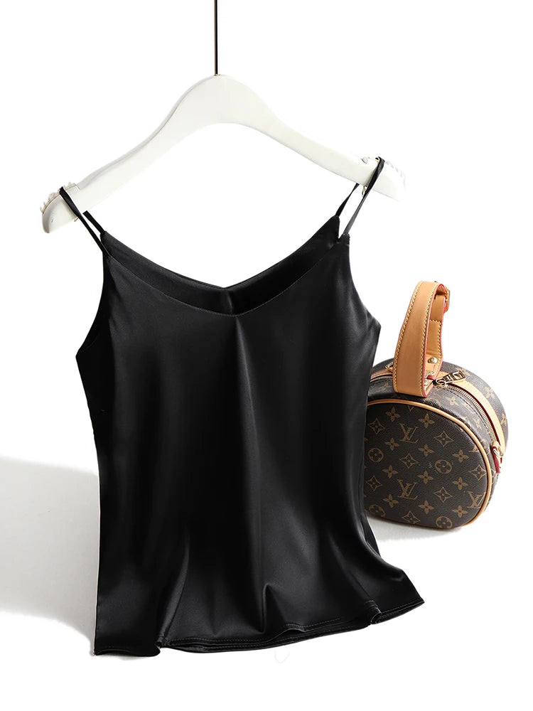Spaghetti Strap Top Women Halter V Neck Basic White Cami Sleeveless Satin Silk Tank Tops Women'S Summer 2025 Camisole black