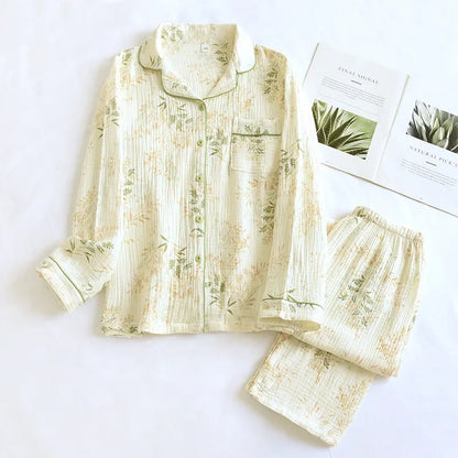 2025 New Spring and Autumn Women's Pajama Set 100% Cotton Crepe Printed Long Sleeve Pants Two Piece Home Suit Set Sleepwear 01
