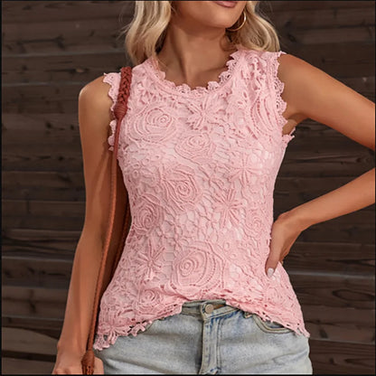 Summer Sleeveless Women Blouses Fashion Lace Casual Vintage Floral Vest Elegant Sexy Top Flower Embroidery Shirt Pink