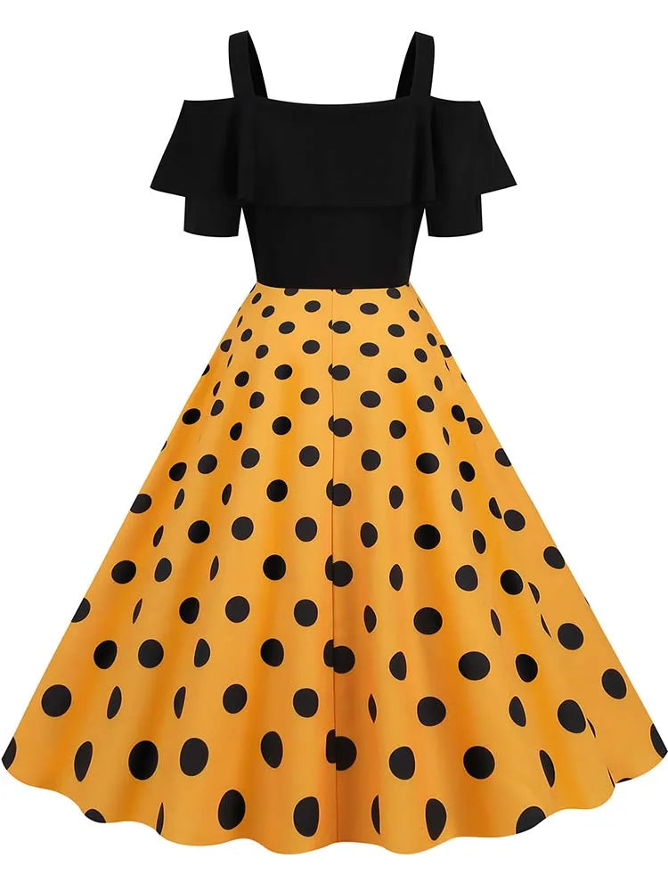 Off the Shoulder Elegant Vintage Party Dress Women Summer Polka Dot Ruffles A Line Midi Dresses