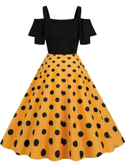 Off the Shoulder Elegant Vintage Party Dress Women Summer Polka Dot Ruffles A Line Midi Dresses Badiee Stylez